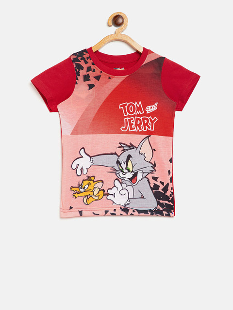 

Eteenz Boys Red Coral Pink Printed Round Neck Pure Cotton T-shirt