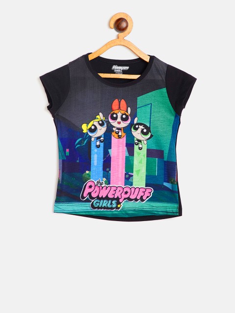 

Eteenz Girls Charcoal Grey & Navy Power Puff Girls Print Round Neck T-shirt