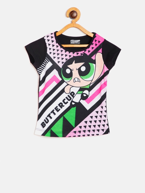 

Eteenz Girls Black & Pink Power Puff Girls Print Round Neck T-shirt