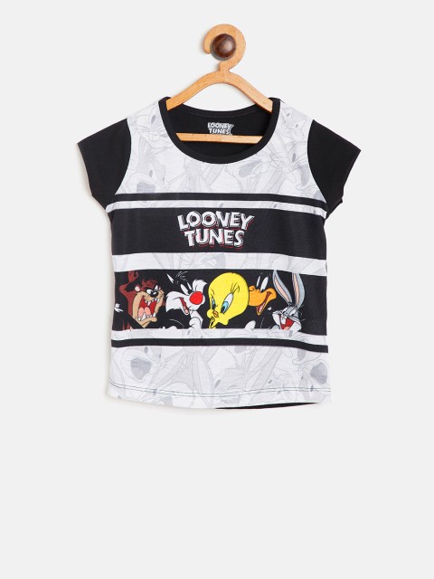 

Eteenz Girls Black & Grey Melange Looney Tunes Print Round Neck T-shirt