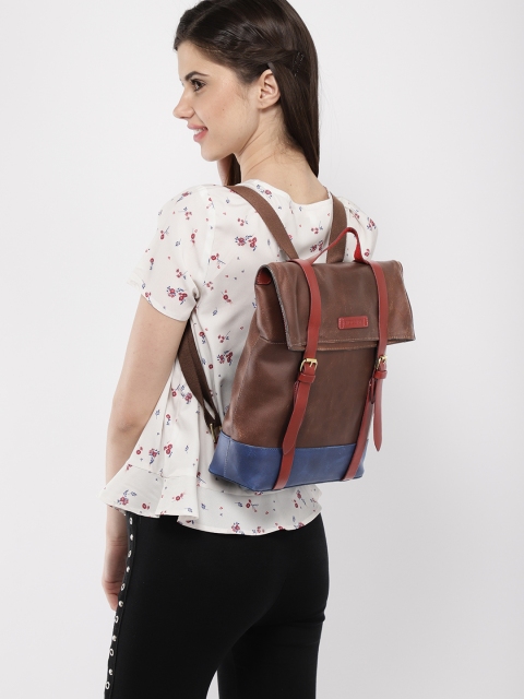 

Hidesign Women Tan Brown & Navy Blue Solid Leather Backpack