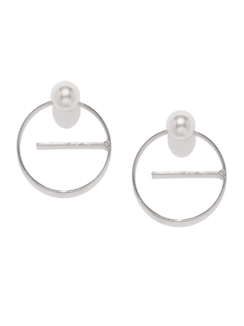 

ToniQ Silver-Toned Pearl Centre Drop Earrings
