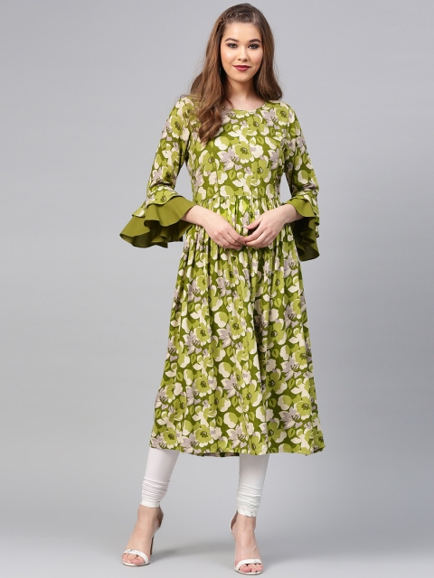 

Shree Women Green & Beige Printed A-Line Kurta