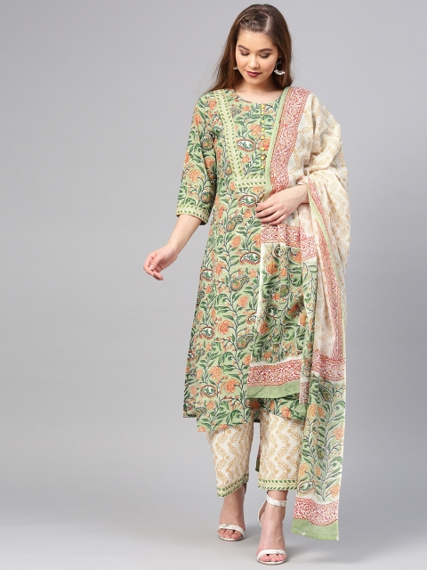 

Shree Women Green & Off-White Printed Kurta with Palazzos & Dupatta