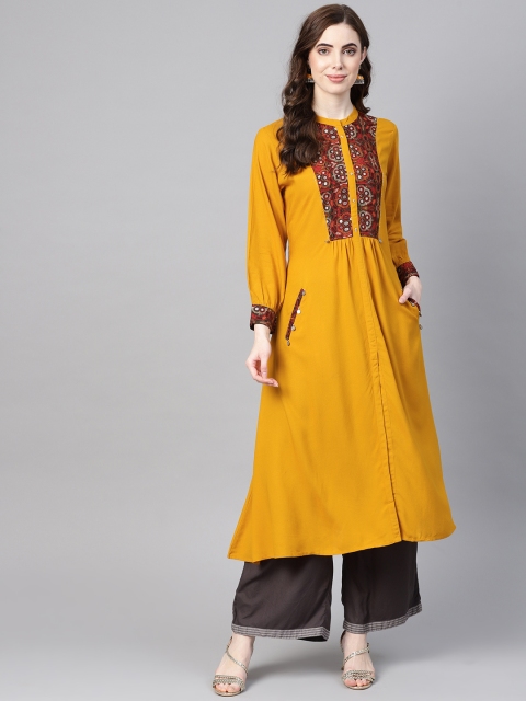 

Shree Women Mustard Yellow Yoke Design A-Line Kurta