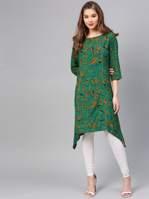 

Shree Women Green & Mustard Brown Printed Asymmetric A-Line Kurta