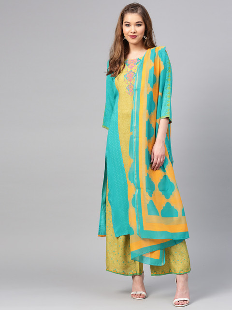 

Shree Women Blue & Green Printed Kurta with Palazzos & Dupatta