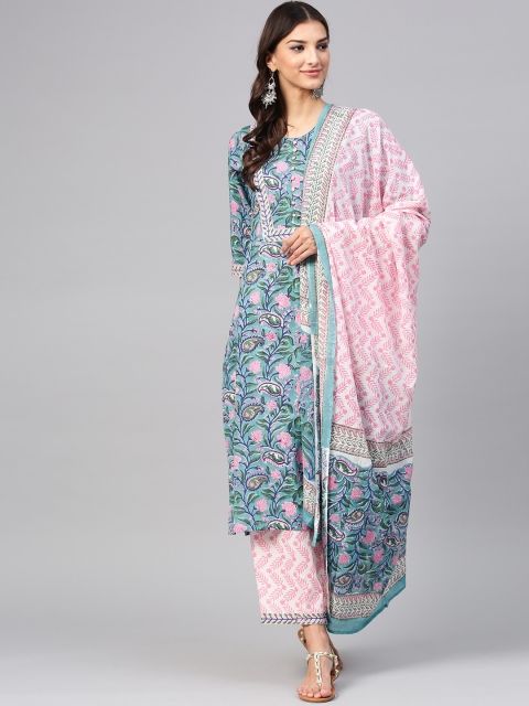 

Shree Women Blue & Pink Printed Kurta with Palazzos & Dupatta