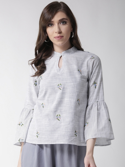 

Rue Collection Women White & Grey Striped Pure Cotton Top with Embroidered Detail