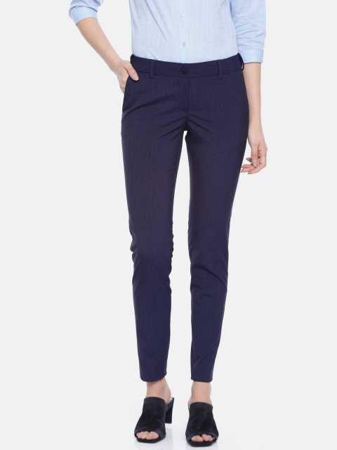 

Park Avenue Woman Women Navy Blue & Black Tapered Fit Checked Formal Trousers
