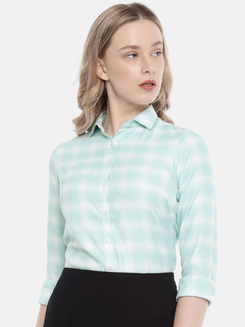 

Park Avenue Woman White & Sea Green Regular Fit Checked Smart Casual Shirt