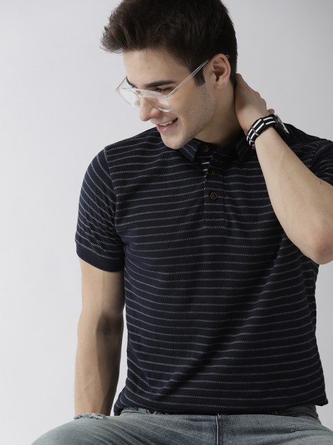 

Mast & Harbour Men Navy Blue & White Striped Polo Collar T-shirt