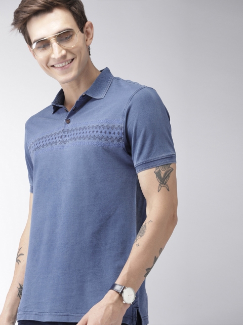 

Mast Harbour Men Blue Self Design Polo Collar Pure Cotton T-shirt