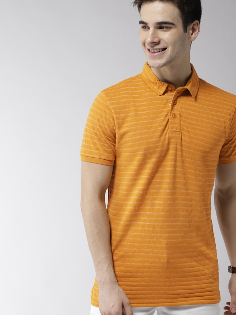 

Mast & Harbour Men Mustard Yellow Self Striped Polo Neck T-shirt