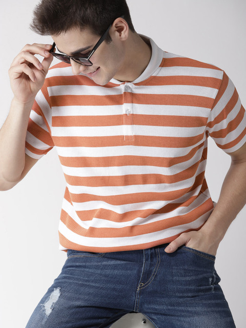 

Mast & Harbour Men Orange & White Striped Polo Collar T-shirt