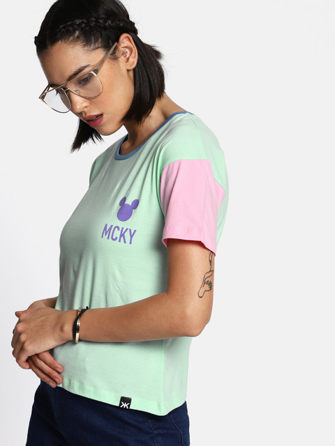 

Kook N Keech Disney Women Green Blue Solid Round Neck Disney Pure Cotton T-shirt