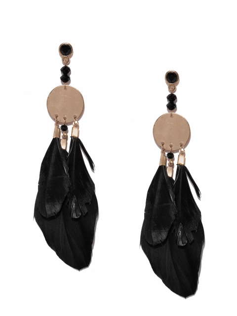 

ToniQ Black & Gold-Toned Feather Shaped Drop Earrings