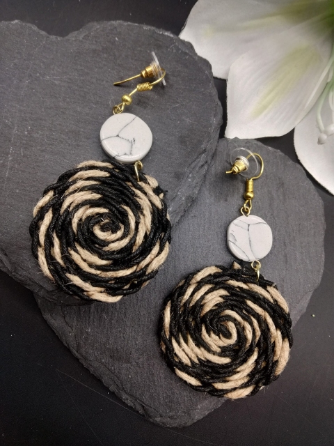 

ToniQ Black & Beige Circular Drop Earrings