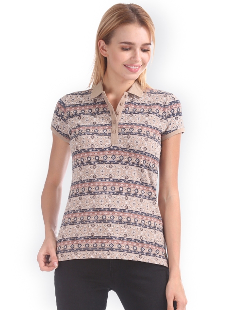 

U.S. Polo Assn. Women Women Cream-Coloured Printed Polo Collar T-shirt