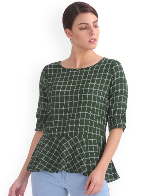

Cherokee Women Green Checked Peplum Top