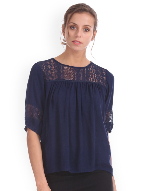 

Cherokee Women Navy Blue Solid A-Line Top