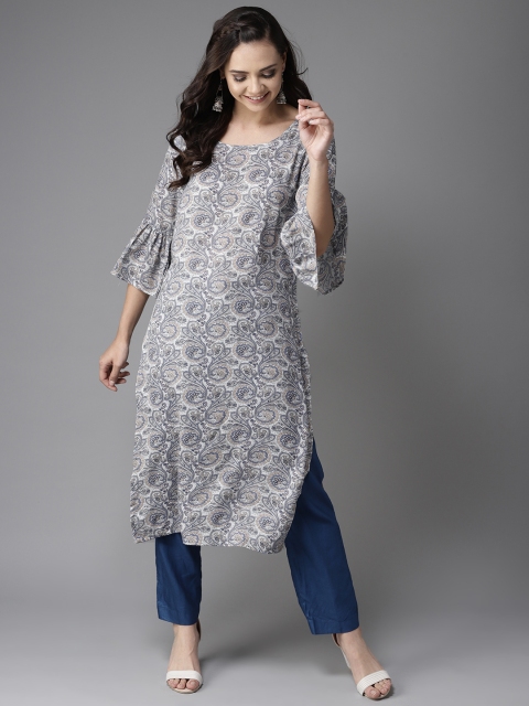 

HERE&NOW Women Grey & Blue Printed Straight Kurta