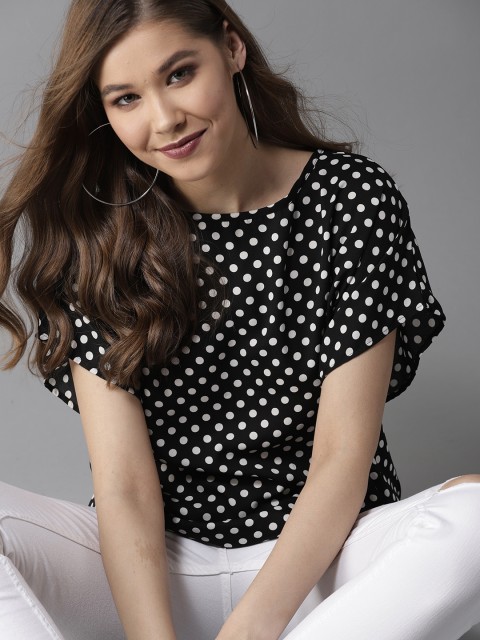 

HERE&NOW Women Black & White Polka Dot Print Top