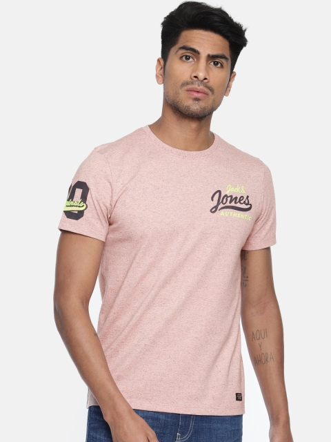 

Jack & Jones Men Peach-Coloured Solid Round Neck T-shirt