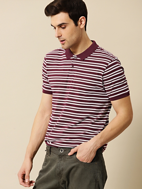 

Mr Bowerbird Men Maroon & White Tailored Fit Striped Polo Collar T-shirt