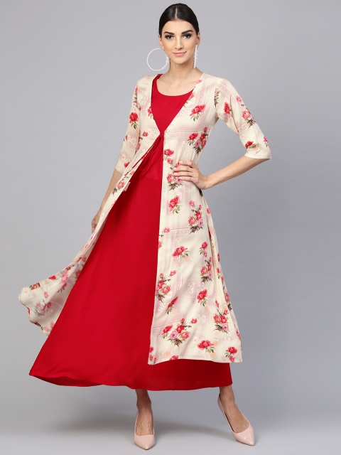 

Libas Women Beige & Red Solid Maxi Layered Dress