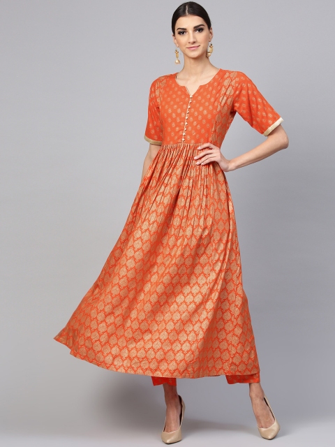 

Libas Women Orange & Golden Block Print Kurta with Trousers