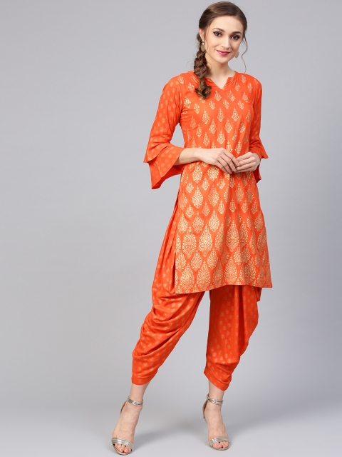 

Libas Women Orange & Golden Printed Kurta with Dhoti Pants