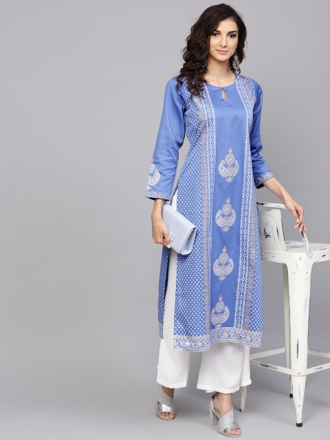 

Libas Women Blue & White Block Print Straight Kurta
