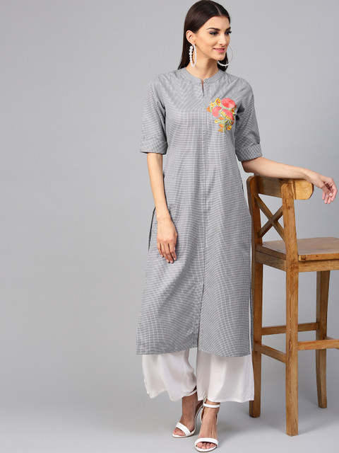 

Libas Women Grey Checked Straight Kurta with Embroidered Detail