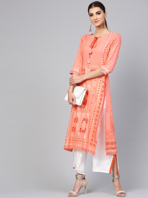 

Libas Women Pink & White Block Print Kurta with Palazzos