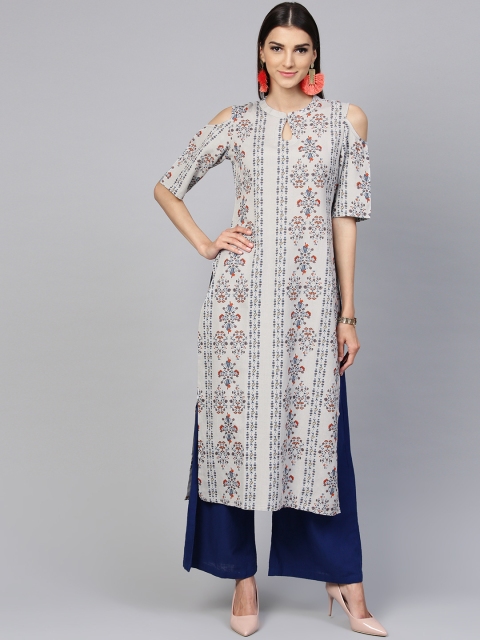 

Libas Women Blue Printed Cold Shoulder Straight Kurta