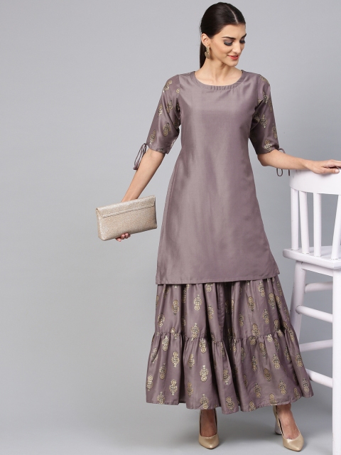 

Libas Women Mauve & Golden Solid Kurta with Skirt