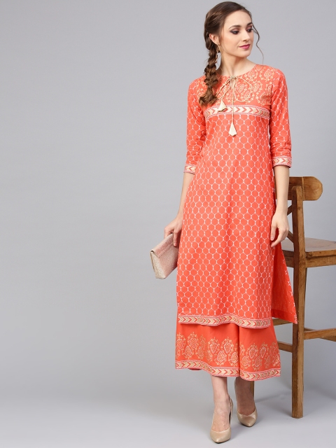 

Libas Women Coral Orange & White Printed Kurta with Palazzos