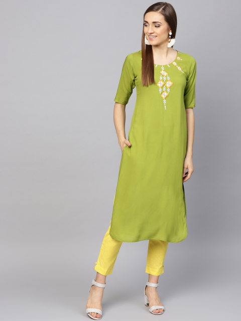 

Libas Women Green & Yellow Yoke Design Kurta with Trousers