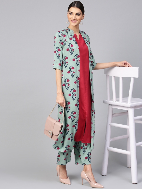 

Libas Women Maroon & Green Printed Kurta with Palazzos & Ethic Jacket