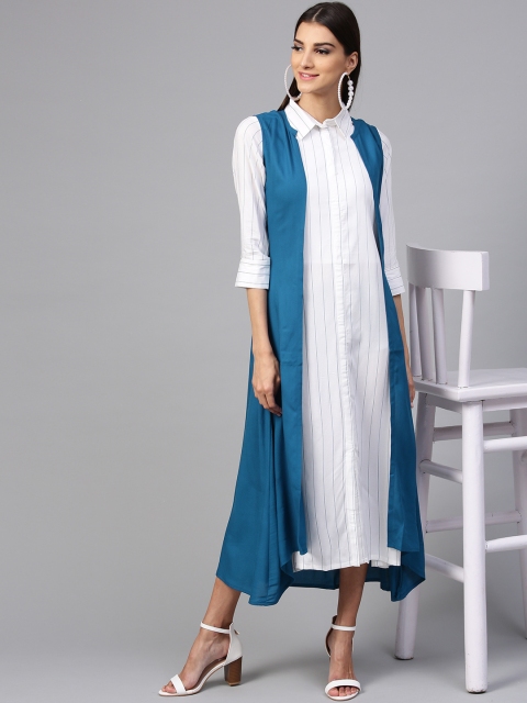 

Libas Women White Striped Shirt Dress With Shrug