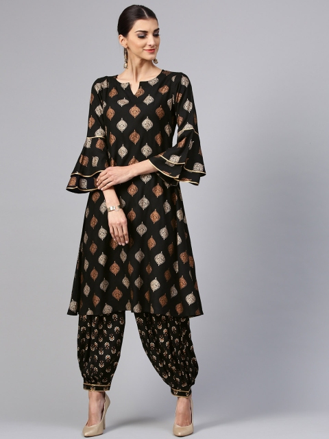 

Libas Women Black & Golden Block Print Kurta with Salwar