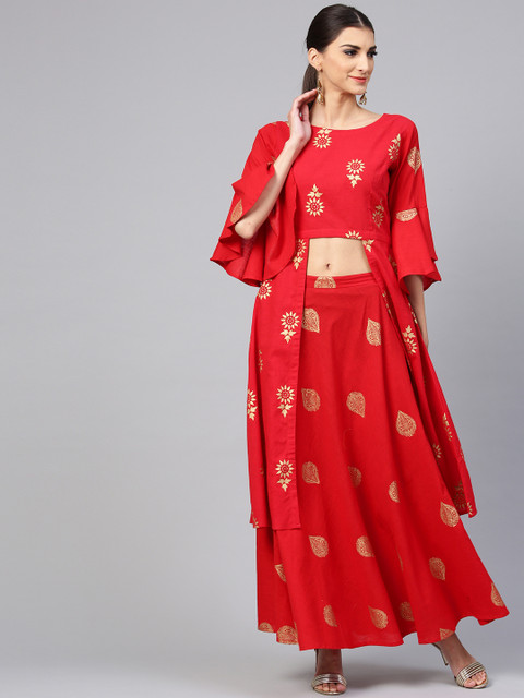 

Libas Women Red Golden Block Print Kurta with Skirt