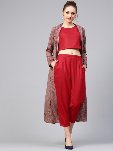 

Libas Women Red Solid Top with Trousers & Striped Ethnic Jacket