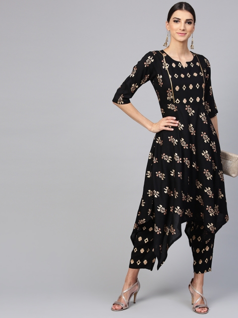 

Libas Women Black & Golden Block Print Kurta with Trousers