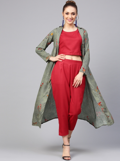 

Libas Women Maroon & Green Solid Top with Trousers & Ethnic Jacket