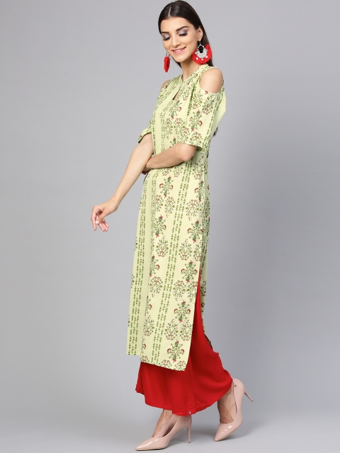 

Libas Women Green Printed Cold Shoulder Straight Kurta