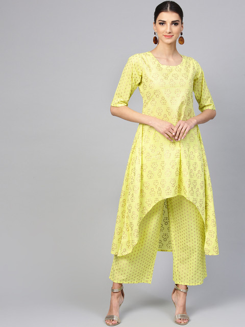 

Libas Women Green & Golden Block Print Kurta with Palazzos