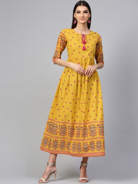 

Libas Women Mustard Yellow & Pink Printed A-Line Dress
