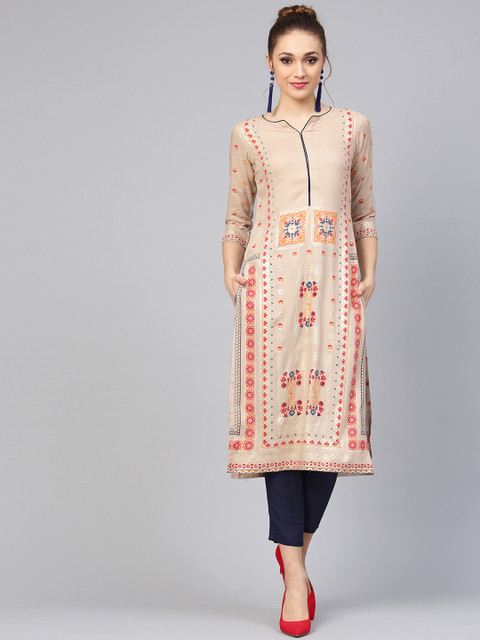

Libas Women Beige & Navy Blue Block Print Kurta with Trousers